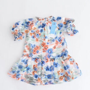 Tanya Taylor Mini Eliza White Orange & Blue Watercolour Floral  Dress XS NWT